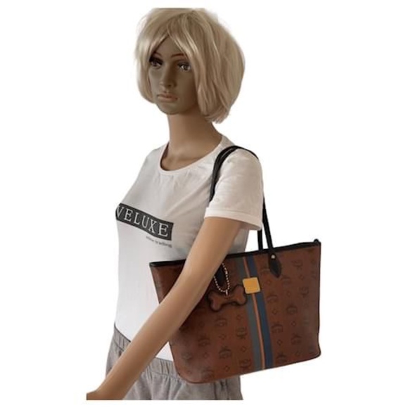 Authentic MCM Visetos Dog Bone Striped Shopper Tote Bag Brown - Picture 3 of 13